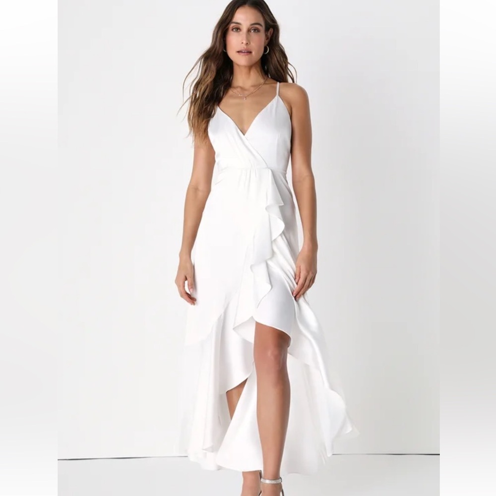 Enchanted Moments White Satin Ruffled High-Low Dress